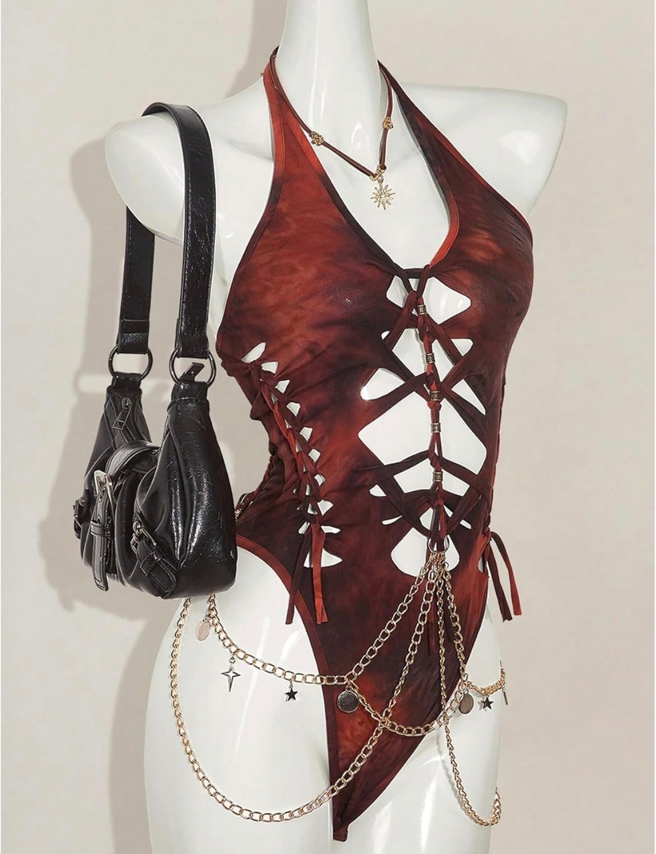 Women's Gothic Cut Out Lace Up Bodysuit Going Out Halter Neck Rave Body Suits and Fourth of July costume