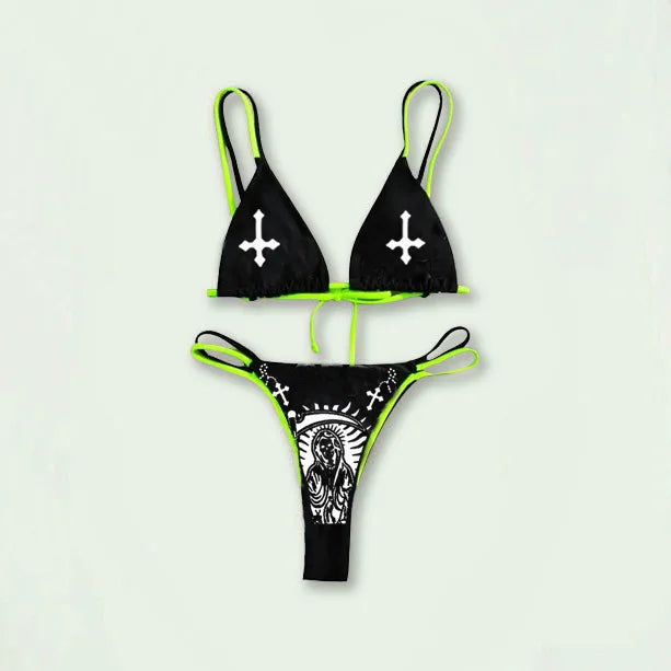 New Black And White Sexy Goth Emo Women Two-piece Skull Print Bikini Suit Split Bathing Suit High Waist Gothic Swimsuit Beach
