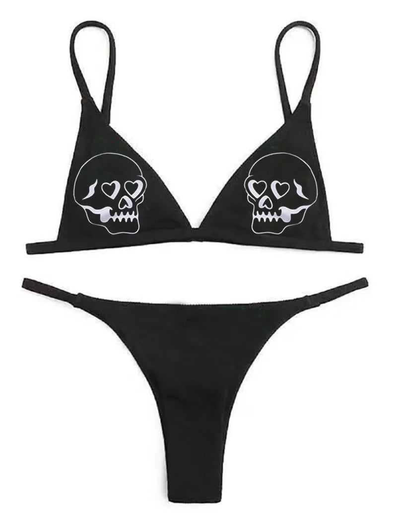 New Black And White Sexy Goth Emo Women Two-piece Skull Print Bikini Suit Split Bathing Suit High Waist Gothic Swimsuit Beach