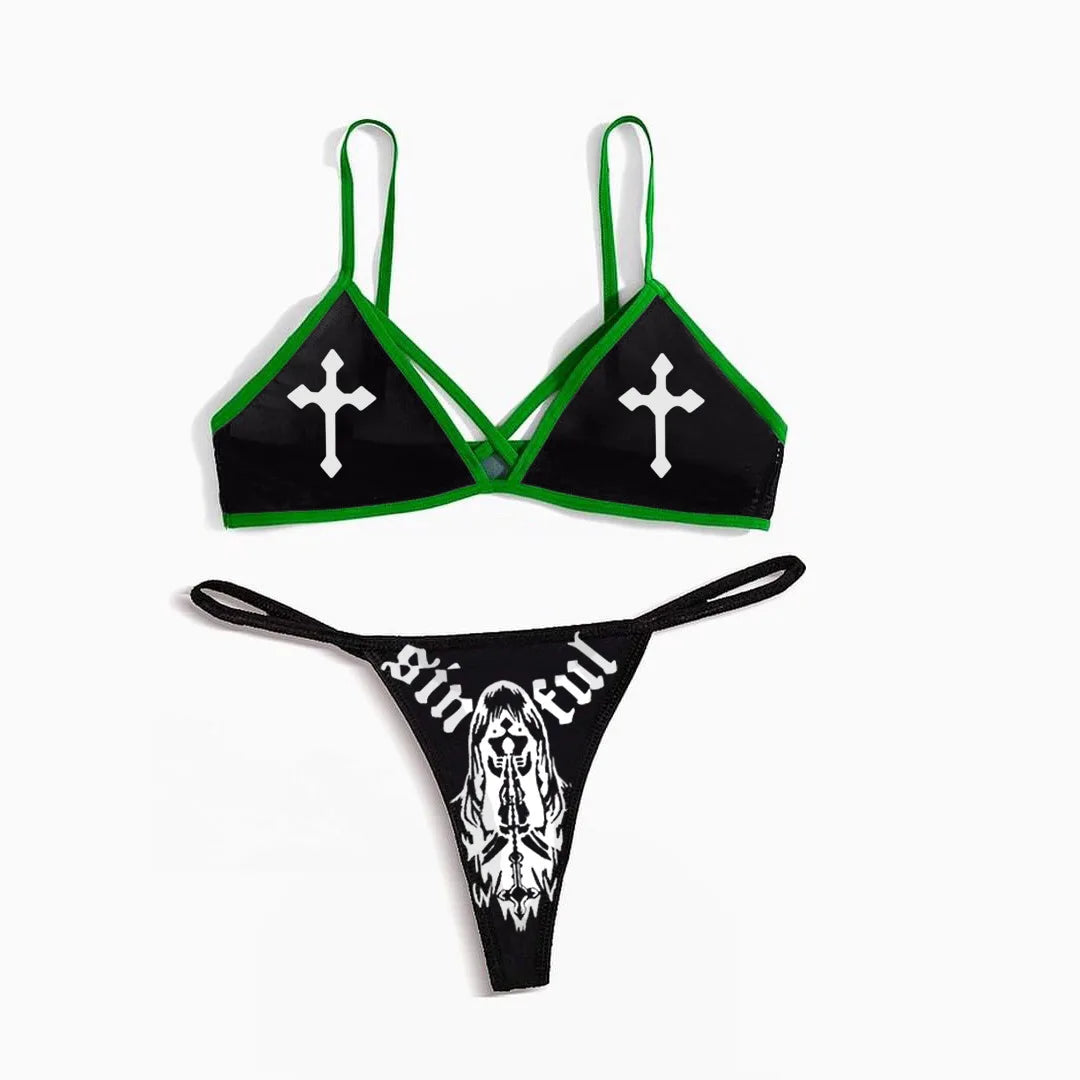 New Black And White Sexy Goth Emo Women Two-piece Skull Print Bikini Suit Split Bathing Suit High Waist Gothic Swimsuit Beach