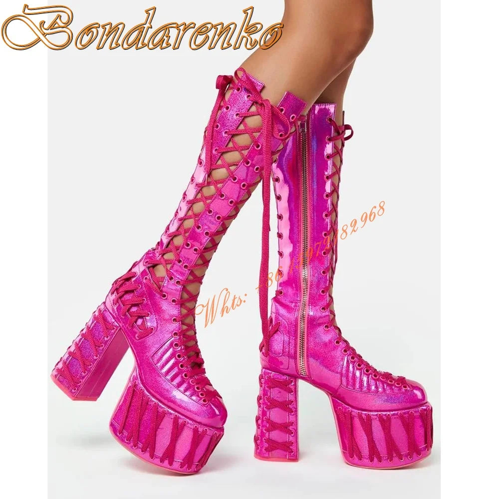 Sweet Pink  Platform Summer Boots Round Toe Chunky High Heels Knee High Boot Lace Up Hollow Solid Side Zipper Party Dress Shoes