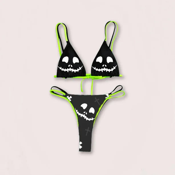 New Black And White Sexy Goth Emo Women Two-piece Skull Print Bikini Suit Split Bathing Suit High Waist Gothic Swimsuit Beach