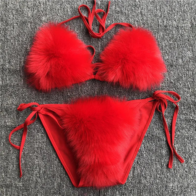 2025 Woman Sexy Bikini Swimsuit 2 piece Set Summer Fur Swimwear Bikini Set Adjustable Bra Cute Girls Beach Bikini Bathing Suits