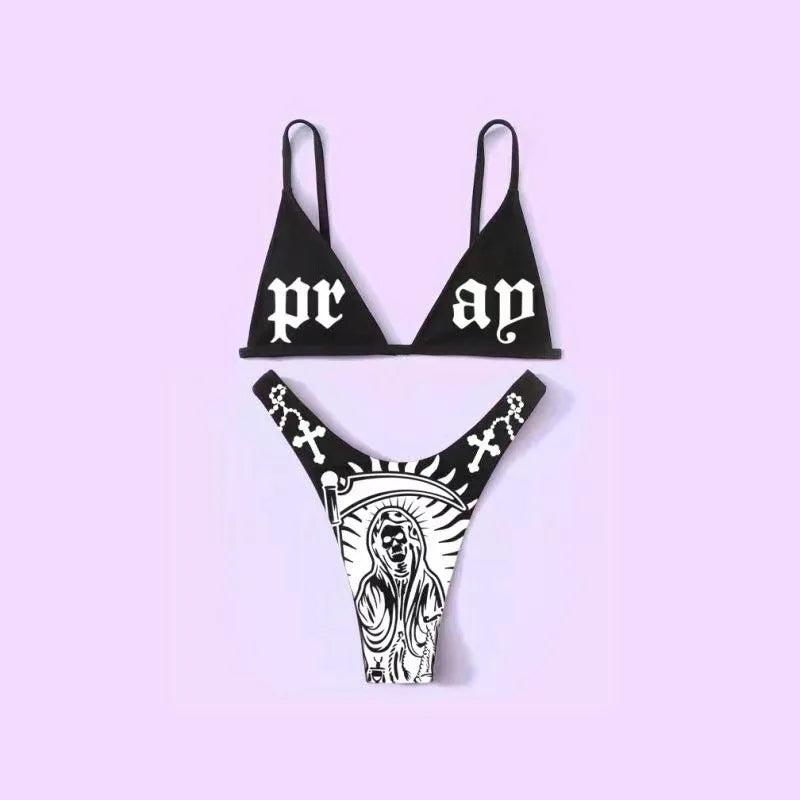 New Black And White Sexy Goth Emo Women Two-piece Skull Print Bikini Suit Split Bathing Suit High Waist Gothic Swimsuit Beach