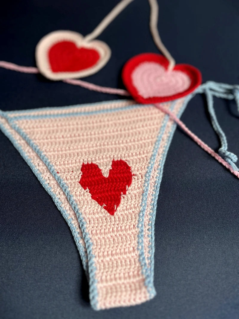 Red Love Heart Crochet Threaded Bikini Set With bucket Hats Handmade Swinwear Bathing Suit Sexy Fashion Swimsuit Vacation Wear