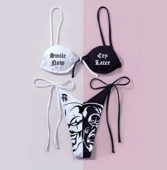 New Black And White Sexy Goth Emo Women Two-piece Skull Print Bikini Suit Split Bathing Suit High Waist Gothic Swimsuit Beach