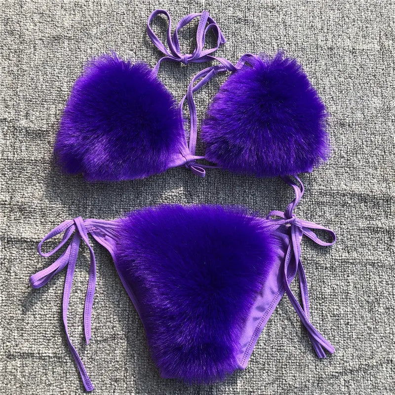 2025 Woman Sexy Bikini Swimsuit 2 piece Set Summer Fur Swimwear Bikini Set Adjustable Bra Cute Girls Beach Bikini Bathing Suits
