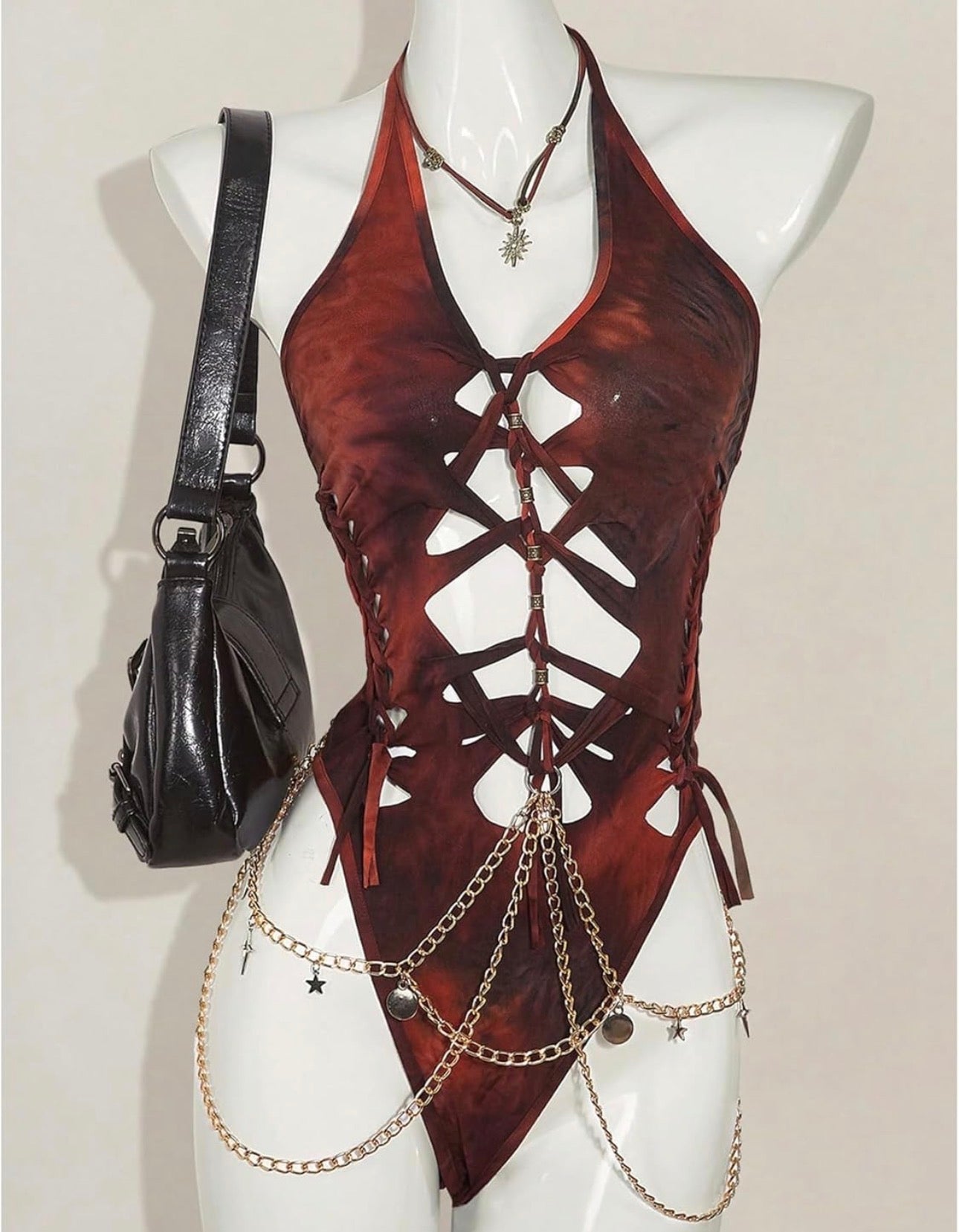 Women's Gothic Cut Out Lace Up Bodysuit Going Out Halter Neck Rave Body Suits and Fourth of July costume