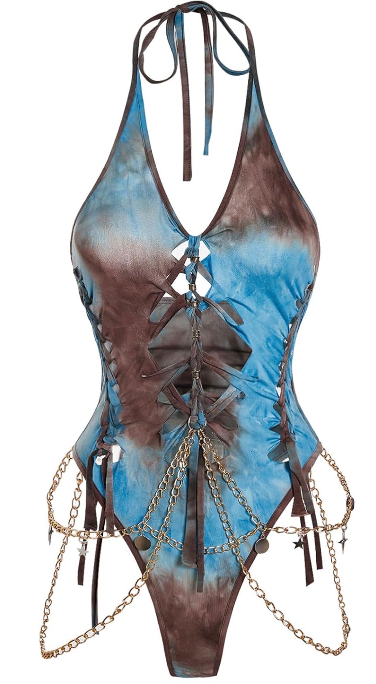 Women's Gothic Cut Out Lace Up Bodysuit Going Out Halter Neck Rave Body Suits and Fourth of July costume