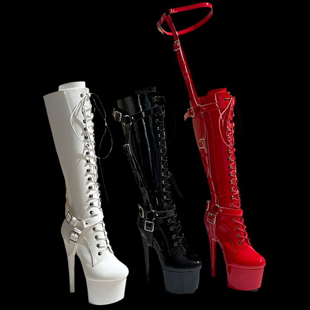 Women Erotic Red T-tied Knee-High Boots Pole Dancing Fashion Boots Zip Stiletto Gothic Fetish Long Boots Stripper Shoes