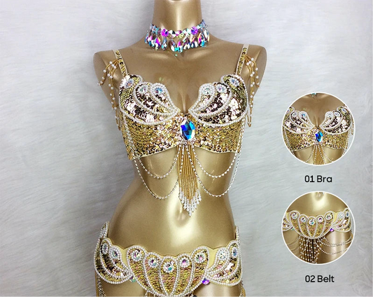 2/3 pcs Set Golden Handmade Sequins Sexy Costuems