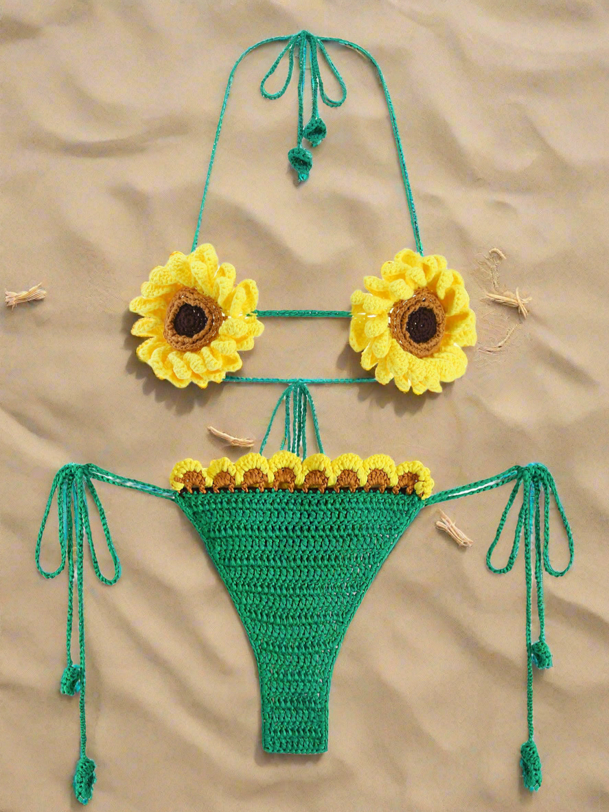2 Piece Bikini Set 2025 Summer Yellow Sunflower Crochet Swimsuit Suit Set Beach Wear Bikinis Cover-up Women Bathing Suits C2