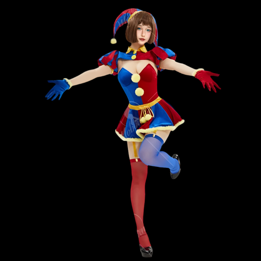 MOBBUNNY Halloween Clown Cosplay Costume Women's Lingerie Set Blue Red Bodysuit and Mini Skirt with Gloves and Hat clown
