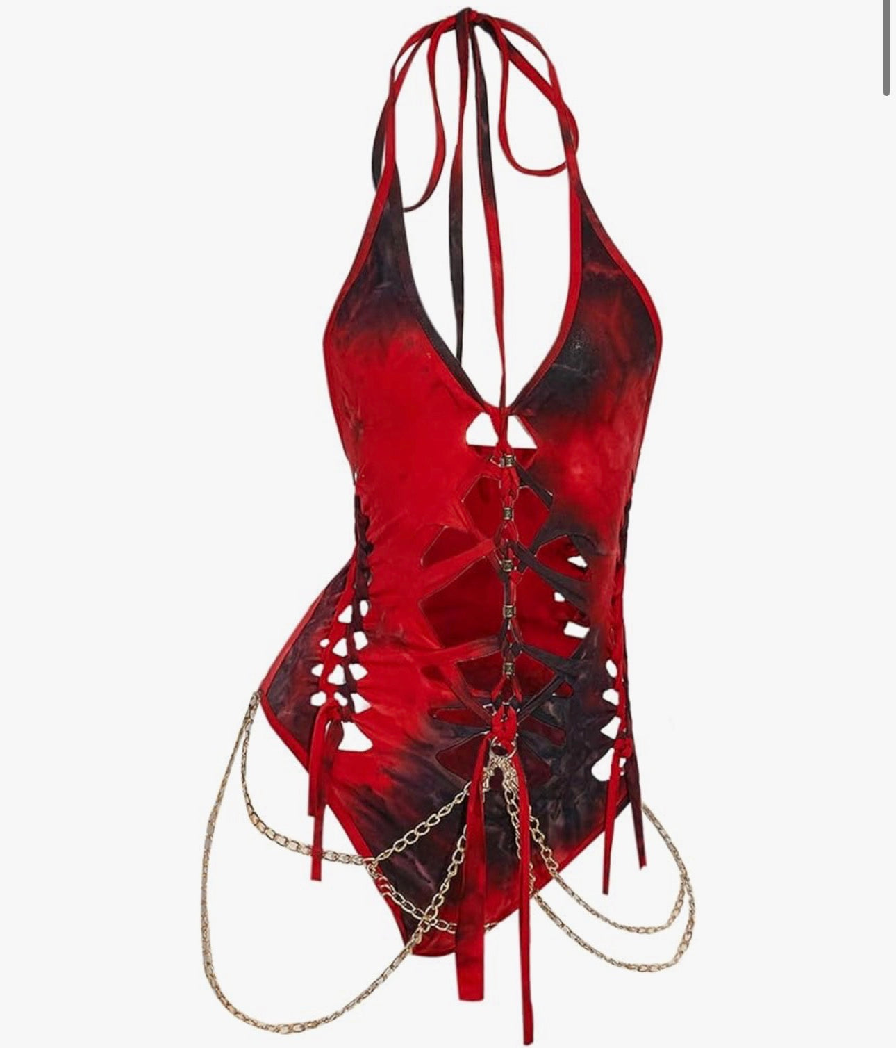 Women's Gothic Cut Out Lace Up Bodysuit Going Out Halter Neck Rave Body Suits and Fourth of July costume