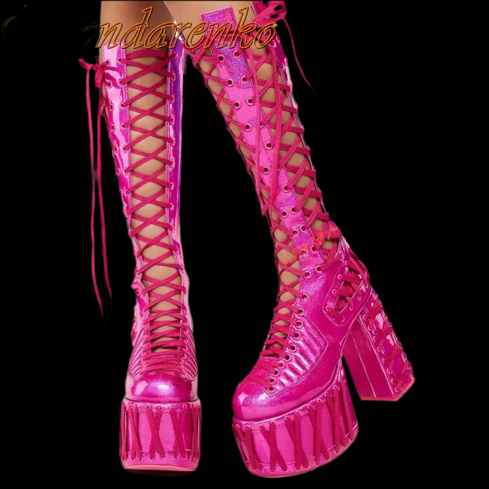 Sweet Pink  Platform Summer Boots Round Toe Chunky High Heels Knee High Boot Lace Up Hollow Solid Side Zipper Party Dress Shoes