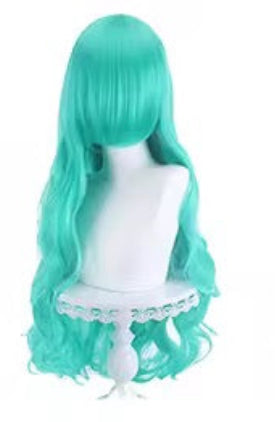 Long Wavy Curly Hair Wig with Bangs 31"/80cm Green Natural Synthetic Heat Resistant Fiber Hair Wig Colorful Halloween Costume Party Cosplay Wigs with Bangs for Women wig