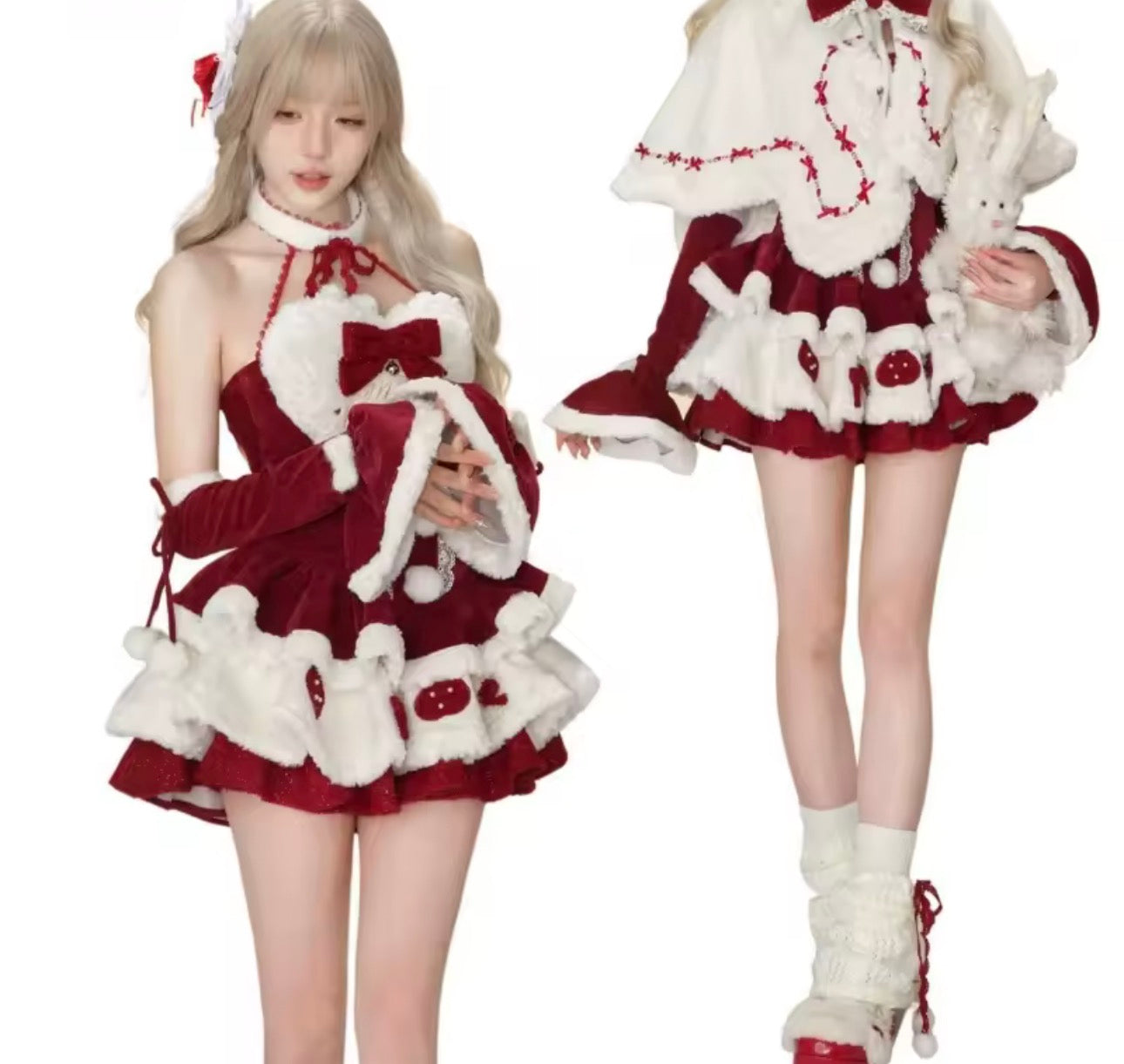 Winter Christmas Lolita 3 Piece Sets Women Kawaii Plush Bunny Ear Hooded Cloak Coat Bow Mini Dresses Korean Style Y2k Sweet Suit