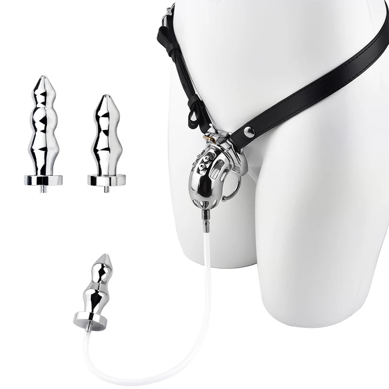 Detachable Anal Plug Strap on Male Chastity Cage with Silicone Urethra Catheter 4 Size Ring Adult Toys for Role-Play Games