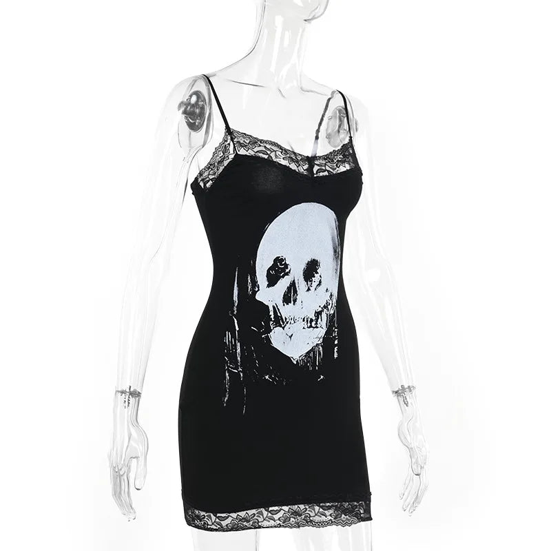 Y2K Women Streetwear Harajuku Skull Printed Sleeveless High Waist Bodycon Dress New Retro Punk Gothic Dress Grunge Outfits