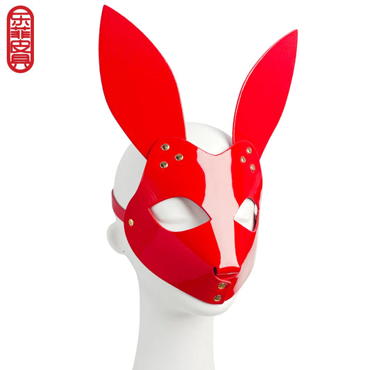 Custom Red Leather Fox Mask BDSM Cosplay Accessory with Rivets for Women's Sexy Lingerie Knitted Underwear