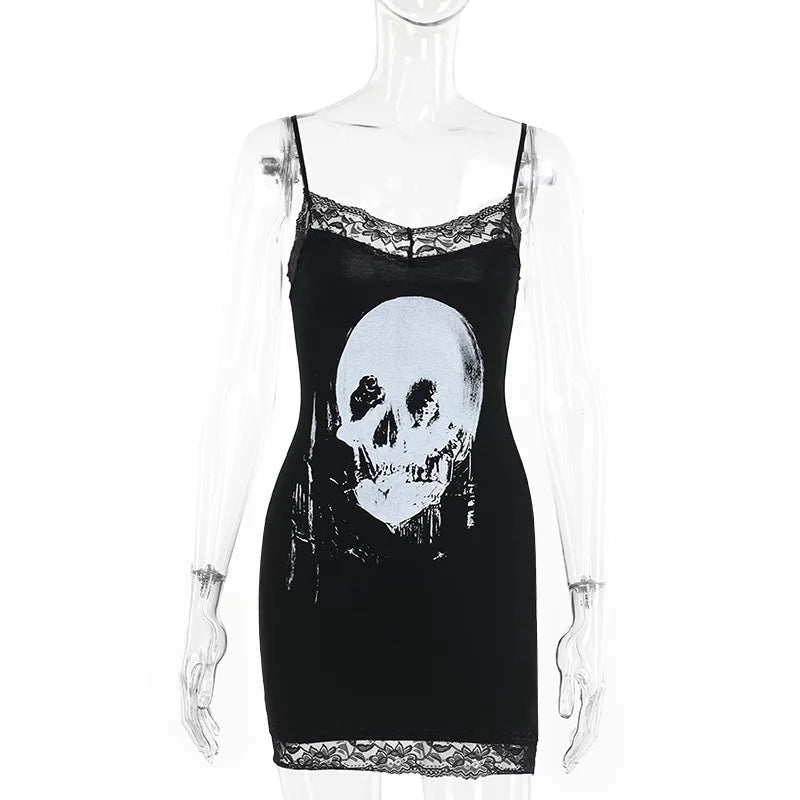 Y2K Women Streetwear Harajuku Skull Printed Sleeveless High Waist Bodycon Dress New Retro Punk Gothic Dress Grunge Outfits