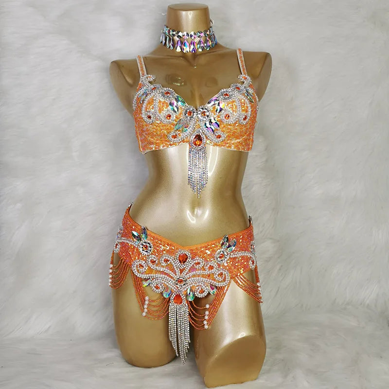 New Arrival Women's Beaded Belly Dance Costumes Wear Bra Belt 2pc Sets Ladies Bellydancing Costumes Carnival Bellydance Clothes