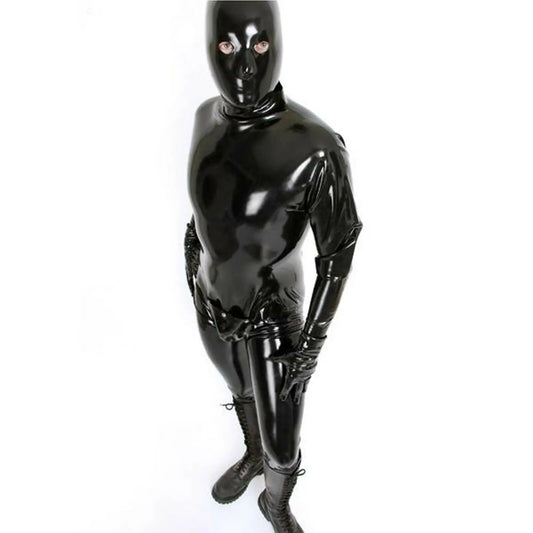 100%Latex Rubber Jumpsuit Catsuit schwarz Gloves Socks Tight Zipper 0.4mm S-XXL