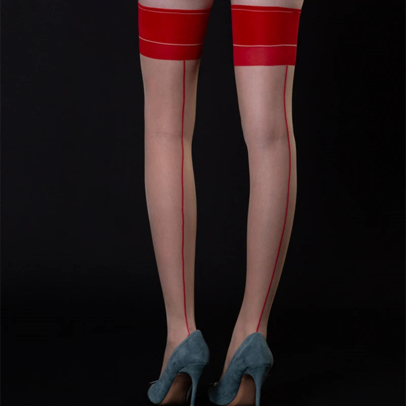 Contrast Color Thigh High Stockings Retro Back Line Seam Slim Medias 10D Ultra Thin Transparent Pantyhose Women Sexy Lingerie