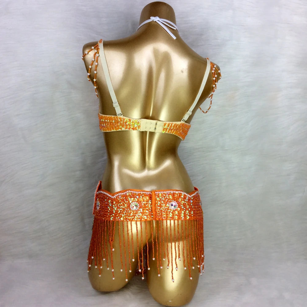 New Arrival Women's Beaded Belly Dance Costume Wear Bra+Belt Set Sexy Ladies Bellydancing Carnival Costumes Bellydance Clothes