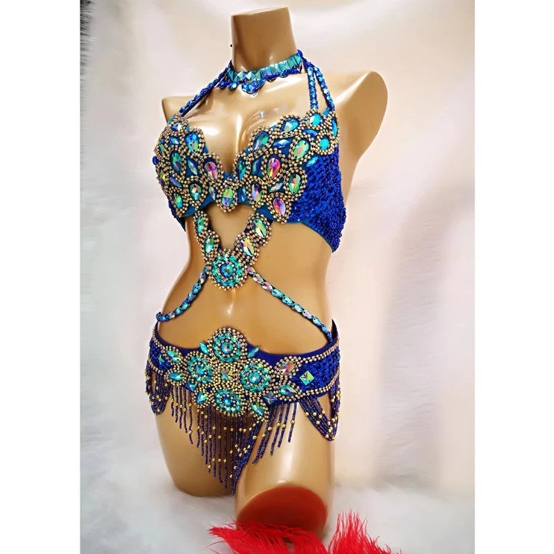 Hot Sale Women's Beaded Crystal Belly Dance Costume Wear Bra+Belt Set Sexy Bellydancing Suit Bellydance Clothes