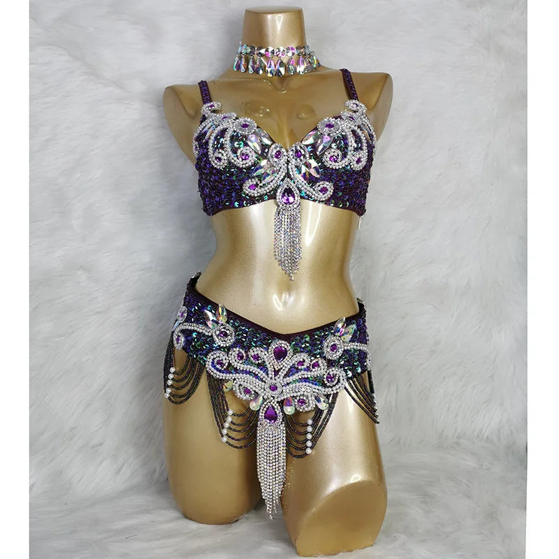 New Arrival Women's Beaded Belly Dance Costumes Wear Bra Belt 2pc Sets Ladies Bellydancing Costumes Carnival Bellydance Clothes