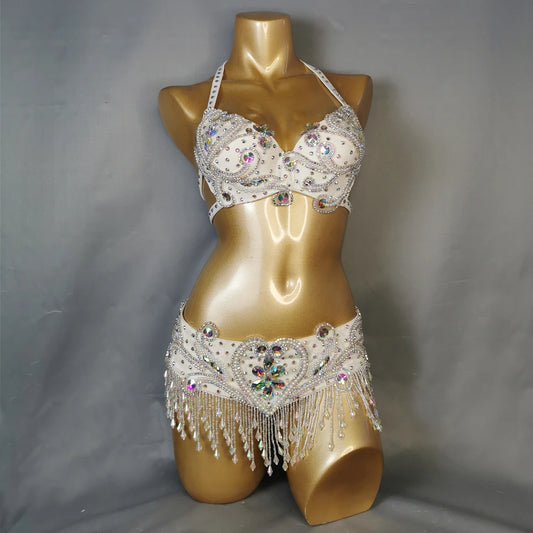 Beaded Crystal wired Bra + Belt 2pc Set Clothes