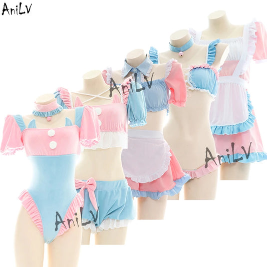 AniLV Anime Lolita Girl Maid Series Pajamas Swimsuit Costume Women Cartoon Cute Kawaii Student Pink Blue Lingerie Set Cosplay