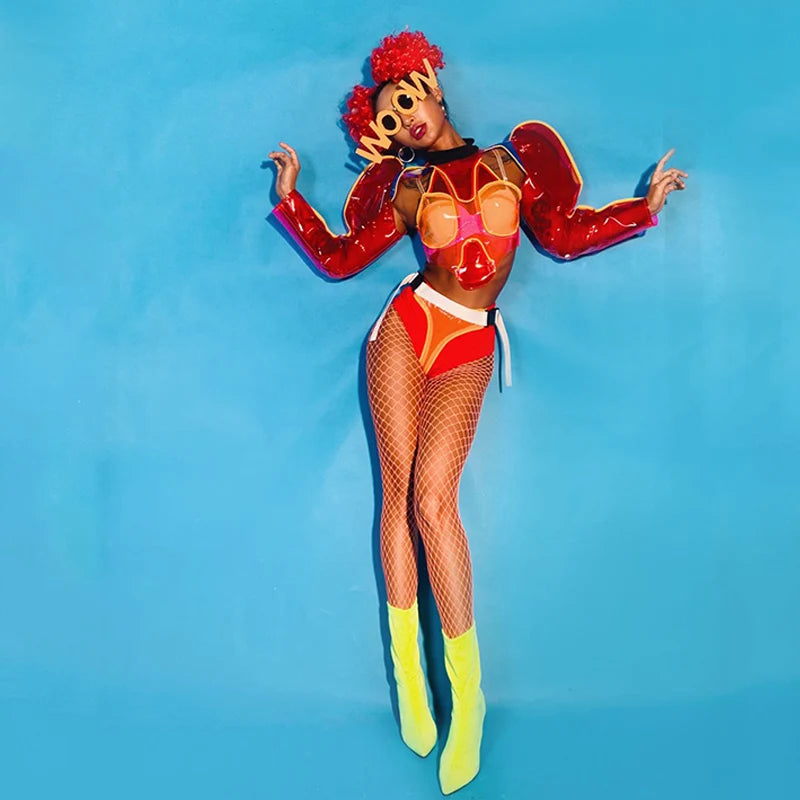 Nightclub Gogo Dance Costume Red Transparent Clown Rave Outfit Pole Dance Clothing Festival Clothing Jazz Dancewear VDB3200