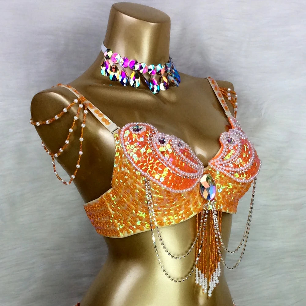 New Arrival Women's Beaded Belly Dance Costume Wear Bra+Belt Set Sexy Ladies Bellydancing Carnival Costumes Bellydance Clothes