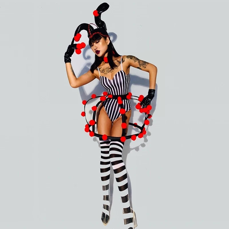 Circus Clown Party Show Dance Costume Black White Striped Bodysuit Ox horn Headdress Stage Outfit DJ Singer Nightclub Clothes