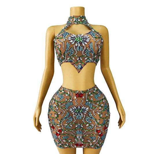 Novance Y4110 Dropshipping Products 2024 Diamond Bling Women's Sets 2 Piece Short Luxury Sparkly Rhinestone Crystal Dress