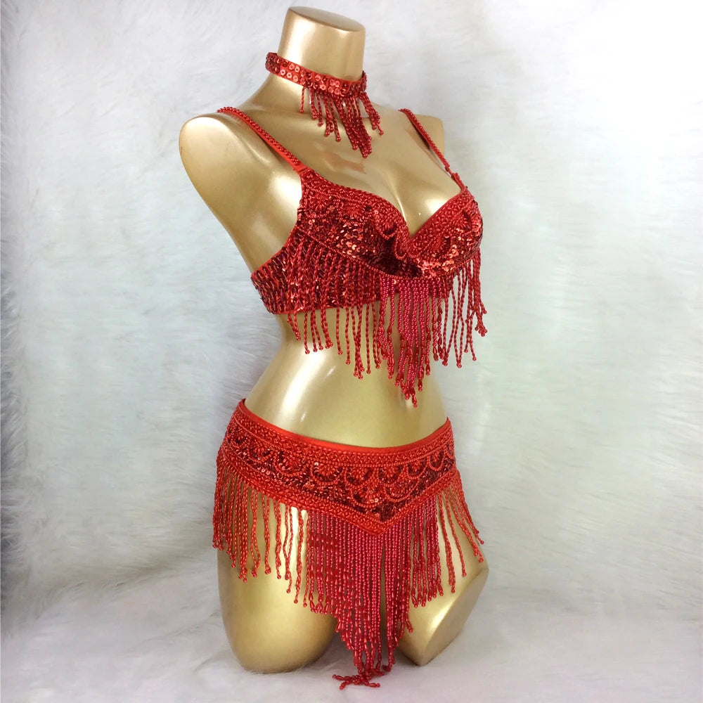 Hot Sale Women Belly Dance Costume 3pcs/set Bra Belt Necklace 4 Colors Ladies Sexy Professional Dance Costumes