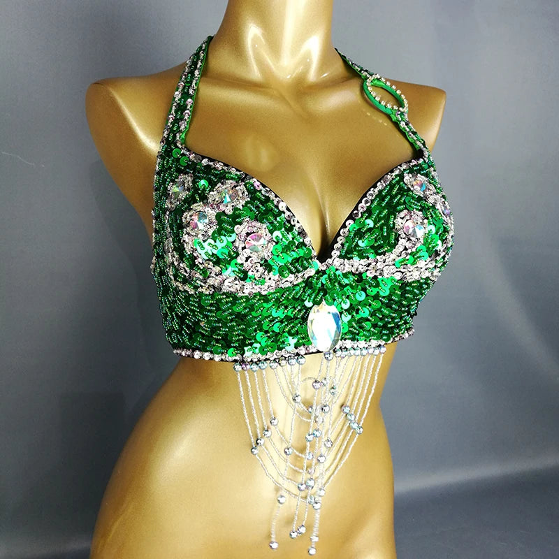 New Women Lady Belly Dance Costume Bra Beaded Sequin Bra Sexy Belly Dancing Clothes Night Club Belly Dance TOPS Bra