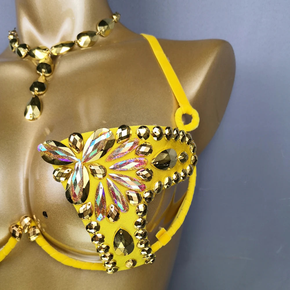 New Shining Fashion Belly Dance Costume Women Sexy Samba Carnival Set Golden Wire Bra&Pants Samba Suit Performance Wear