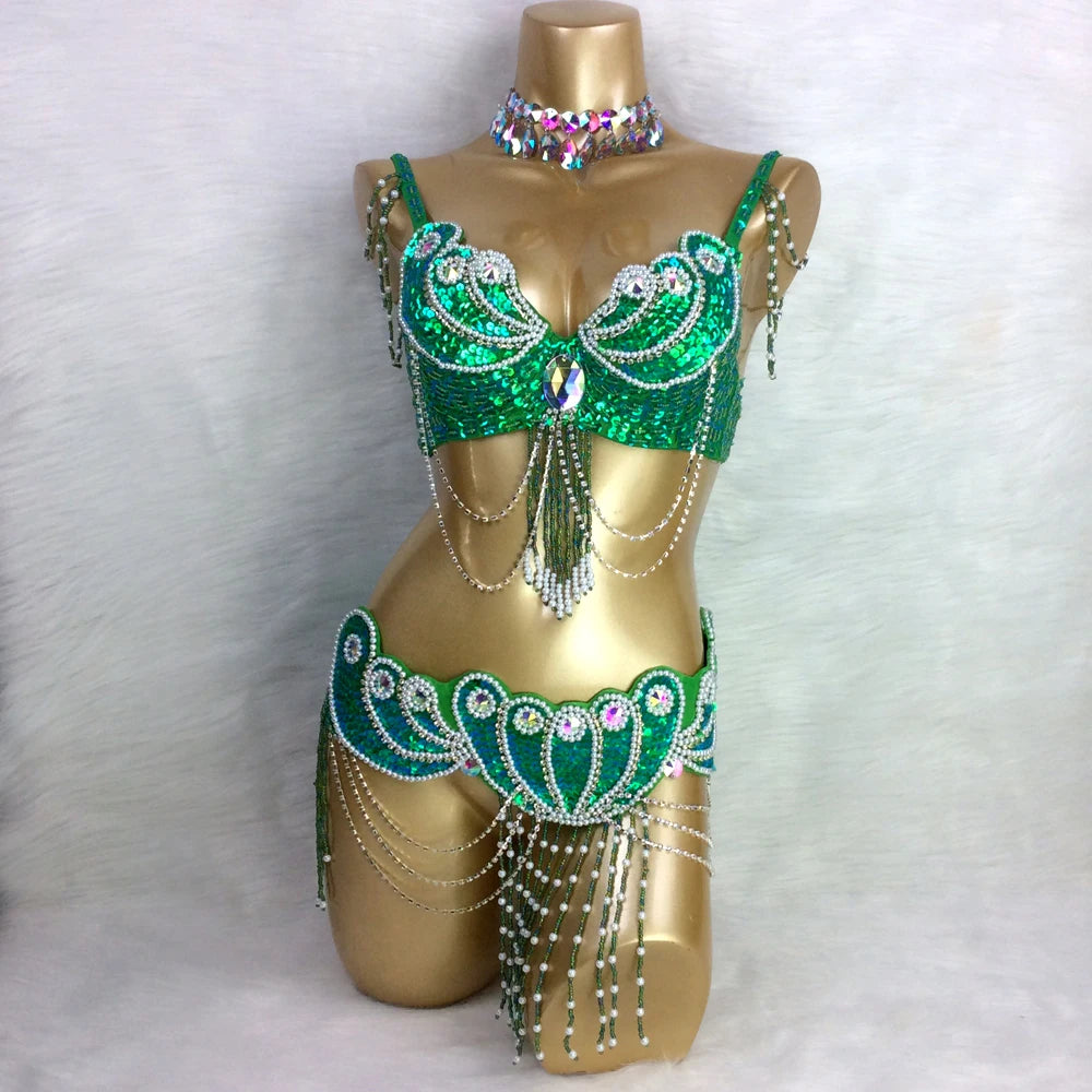 New Arrival Women's Beaded Belly Dance Costume Wear Bra+Belt Set Sexy Ladies Bellydancing Carnival Costumes Bellydance Clothes