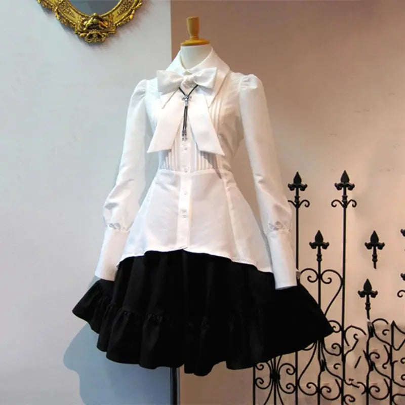 2025 Summer Elegant Party Black Gothic Women Lolita Dresses Big Size Bow tie Pleated Lace Up Goth Vintage White Chic Jurken