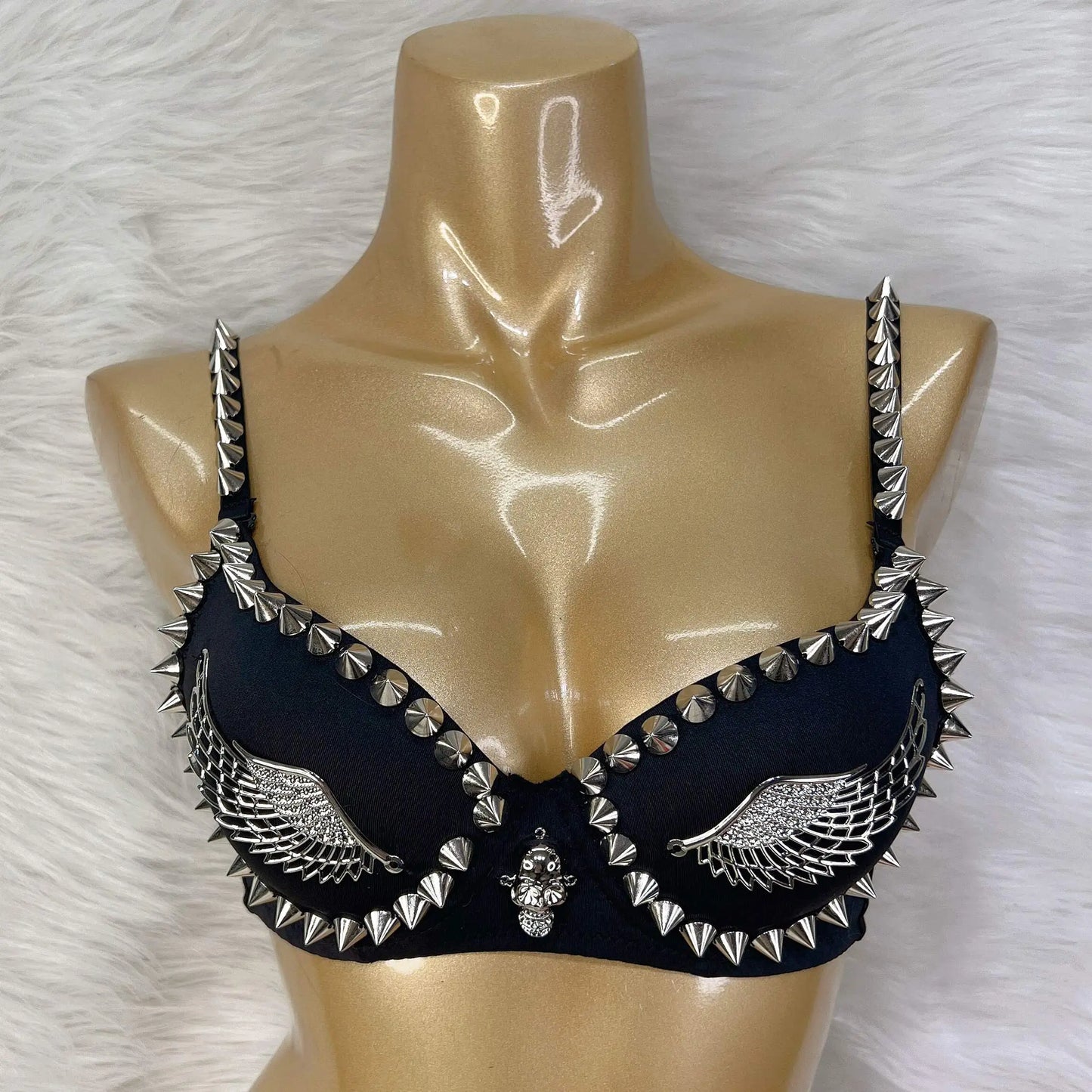 Exotic Lingerie Black Gold Studded Rivet & Wings Underwear Bra Adult Women Club Wear Top Bra