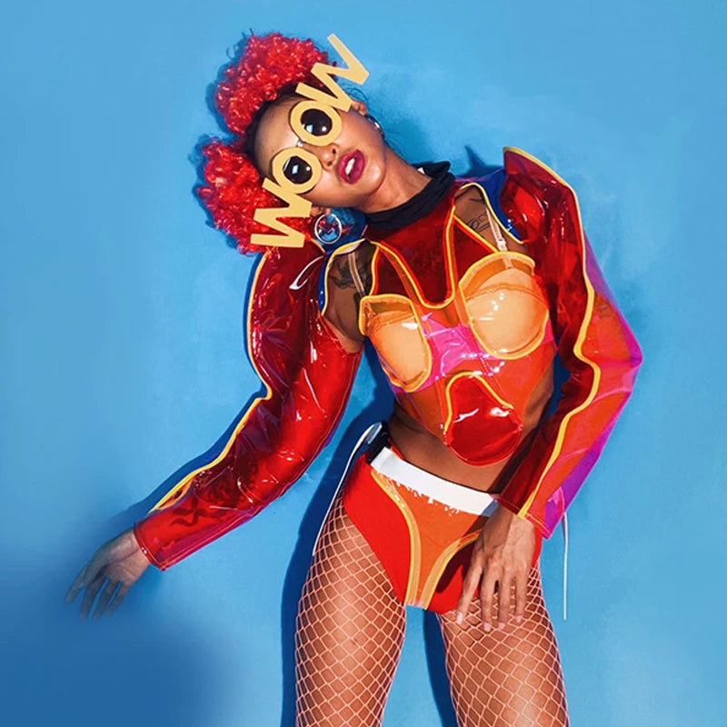 Nightclub Gogo Dance Costume Red Transparent Clown Rave Outfit Pole Dance Clothing Festival Clothing Jazz Dancewear VDB3200