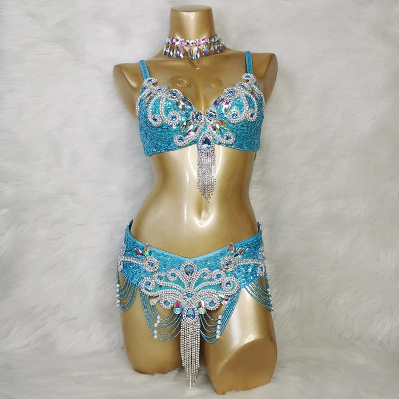 New Arrival Women's Beaded Belly Dance Costumes Wear Bra Belt 2pc Sets Ladies Bellydancing Costumes Carnival Bellydance Clothes