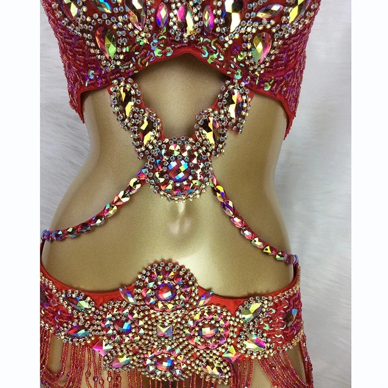 Hot Sale Women's Beaded Crystal Belly Dance Costume Wear Bra+Belt Set Sexy Bellydancing Suit Bellydance Clothes