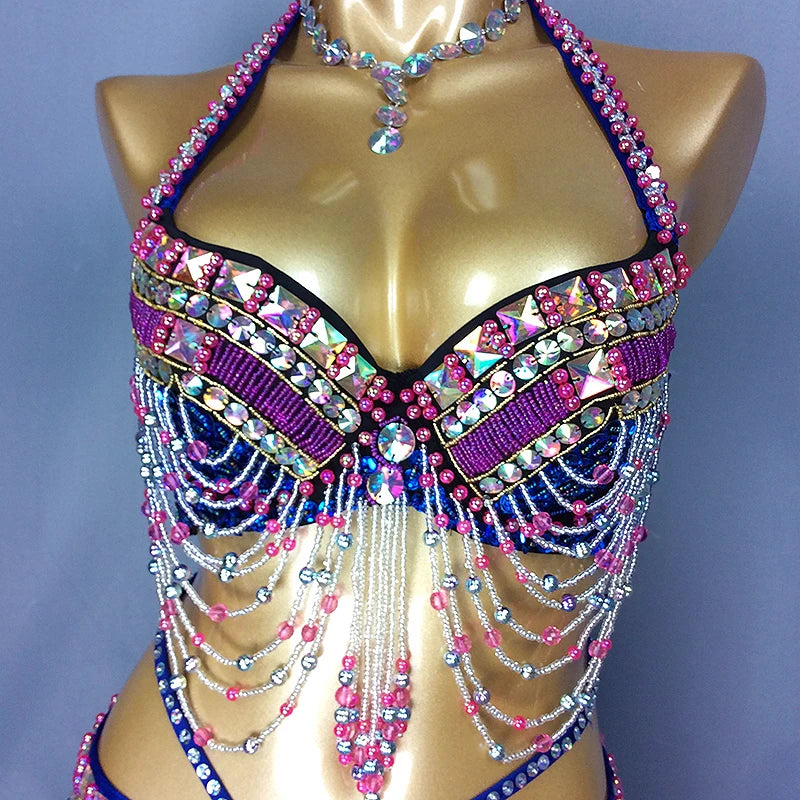 New Women's Beaded Belly Dance Costume Halloween Wear Bar+Belt 2pcs Set Christmas Party Dancing Wear Rave Outfit
