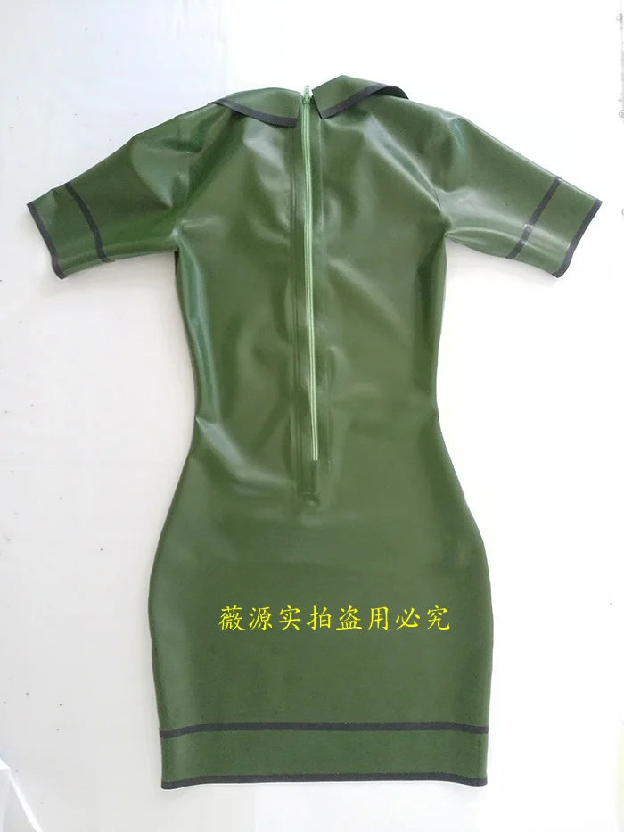ASHBURN Sexy Short Sleeve Latex Nurse Dress Cosplay Thigh Tight Rubber Fetish Slim with Back Zipper