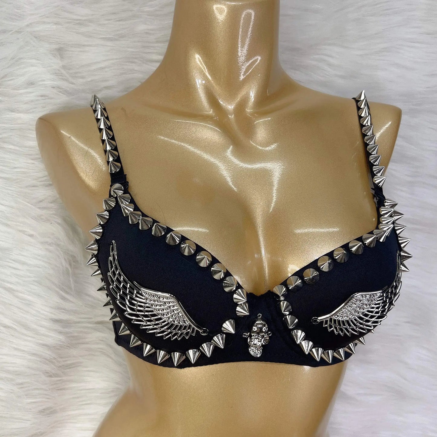 Exotic Lingerie Black Gold Studded Rivet & Wings Underwear Bra Adult Women Club Wear Top Bra