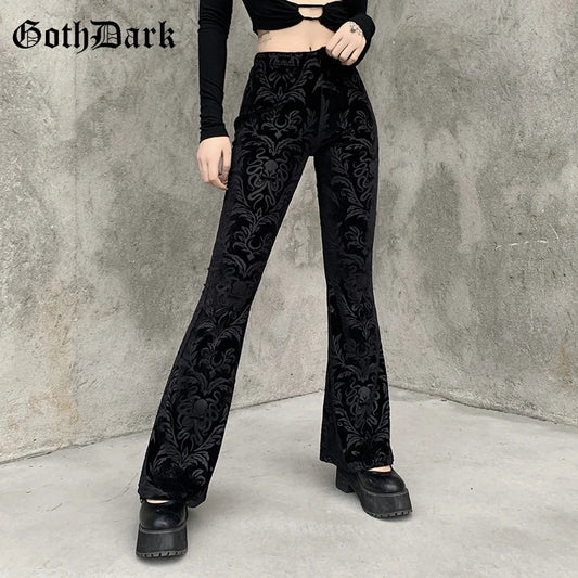 Goth Dark Vintage Floral Scratched Mall Gothic Pants Velvet High Waist Skinny Flare Trousers for Women Streetwear Cyber Y2K Pant